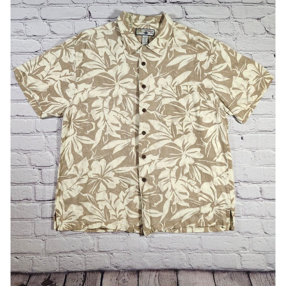 Caribbean Joe Mens Large Tan Floral Rayon Short Sleeve Button Down Camp Shirt